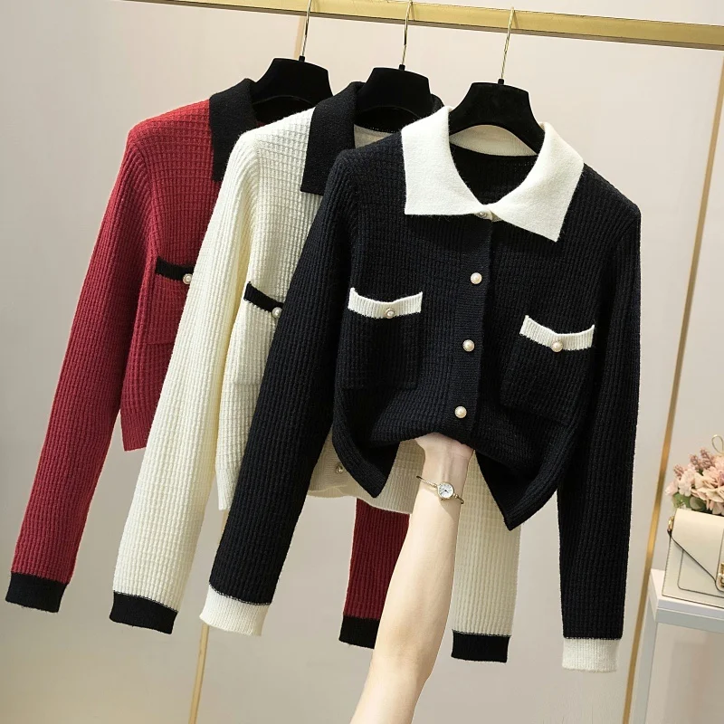 

Peter Pan Collar Knitted Sweaters Cardigans Women 2021 Single Breasted Pearls Pocket Knitting Jumpers Female