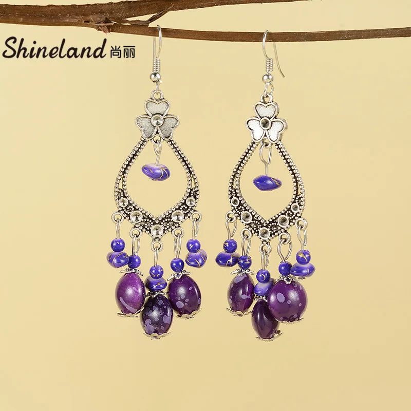 

Shineland Bohemia Purple Blue Beads Tassel Drop Dangle Earrings For Women Vintage Geometric Brincos Ethnic Gypsy Jewelry Bijoux