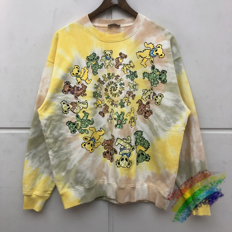 

Oversize Tie-dye Cartoon Bear Sweatshirts Men Women Best Quality Multicolour Crackle Graphic Hoodie Heavy Fabric Crew Neck