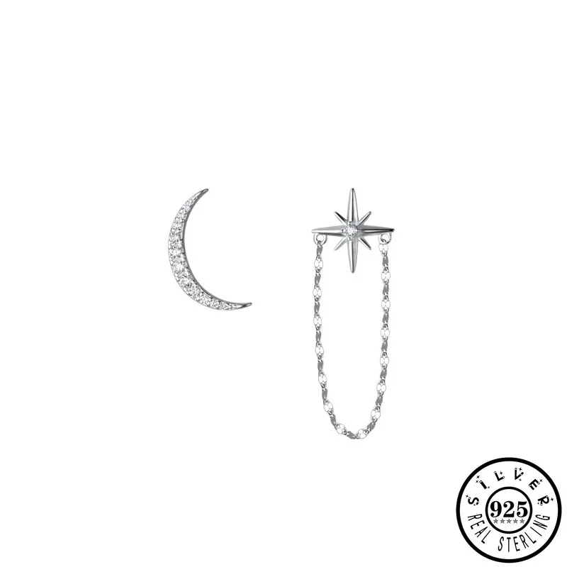 

925 Sterling Silver Asymmetrical Cubic Zirconia Moon Star Shape Statement Party Tassel Studs Earrings Fine Jewelry for Women