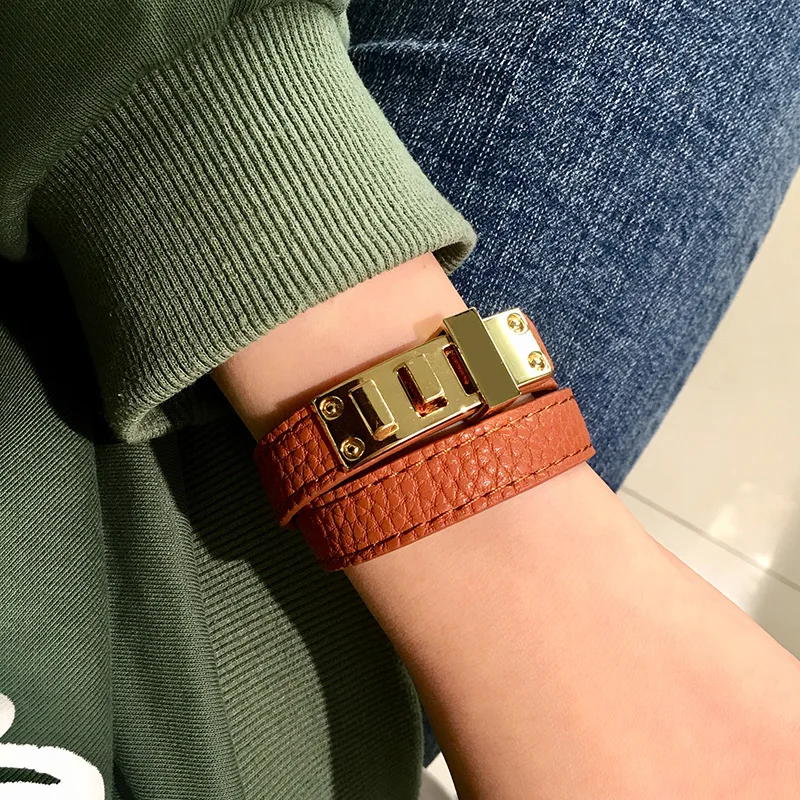 

High Quality 8 Color Style Double Layer PU Leather Steel Buckle Bracelet For Men Women Brand Jewelry Gift Luxury Brand jewelry