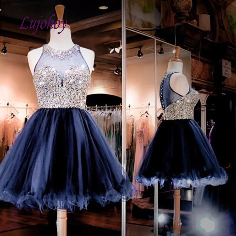 Luxury Navy Blue Crystals Short Homecoming Dresses for Girls Plus Size Women Tulle Cocktail Prom Grade 8 Graduation Dresses