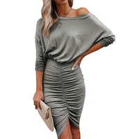 2021 autumn new casual womens long sleeved mid skirt solid color sexy asymmetrical slanted shoulder slim fit pleated hip dress