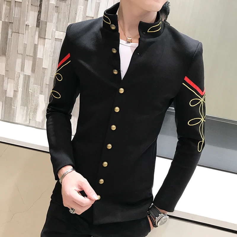 

4 Color Gold Button Zhongshan Stand Collar Suit Jacket Fashion Embroidery Print Men's Suit Jacket Multi-Button Slim Club Blazer