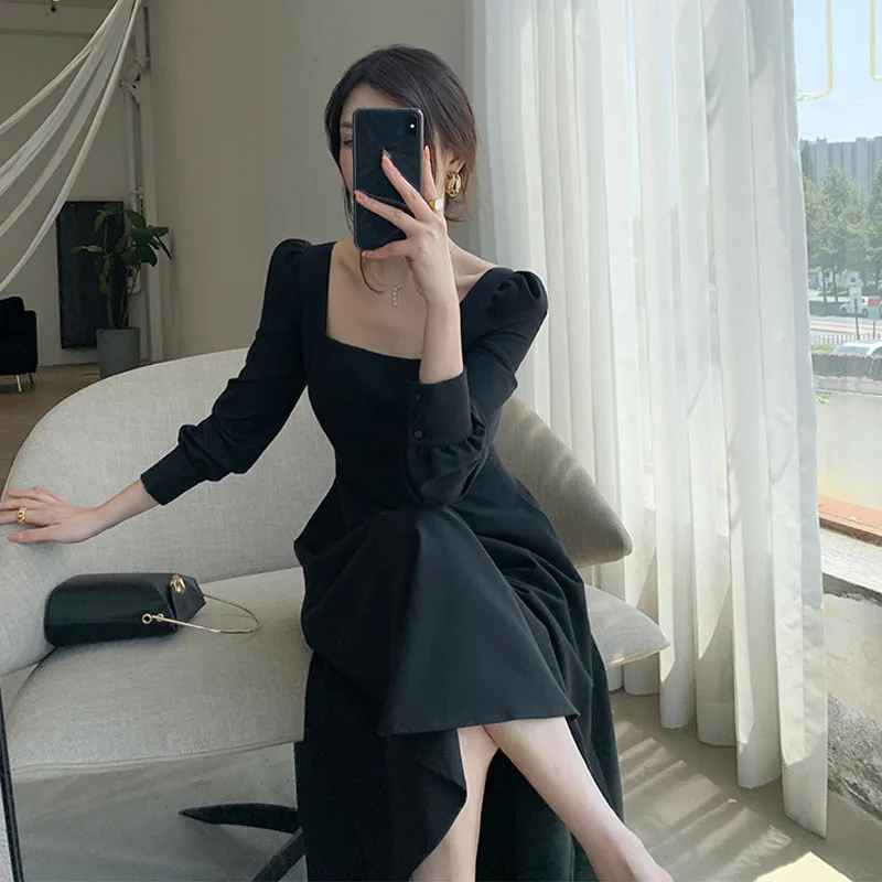 

One-Piece 2020 New Korean Dresses Autumn Long-Sleeved French Vintage Square Neck Black Dress Temperament Women'S Long Dresses