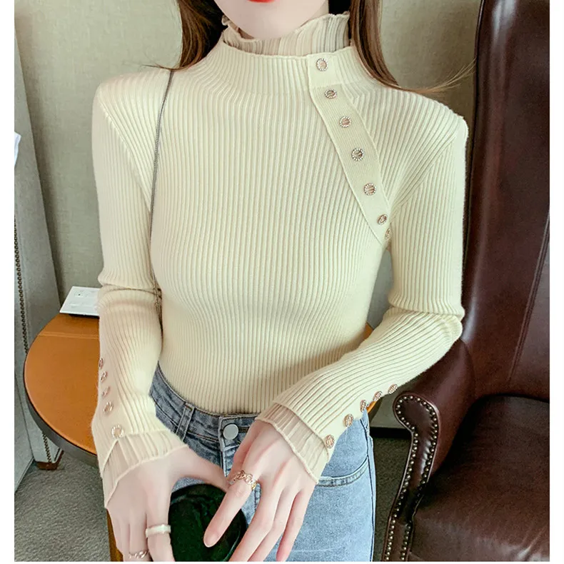 

Faux Mink Velvet Button Bottom Slim Sweaters Women Warm Knitted Sweater Pullover Female Spring High Collar Solid Color