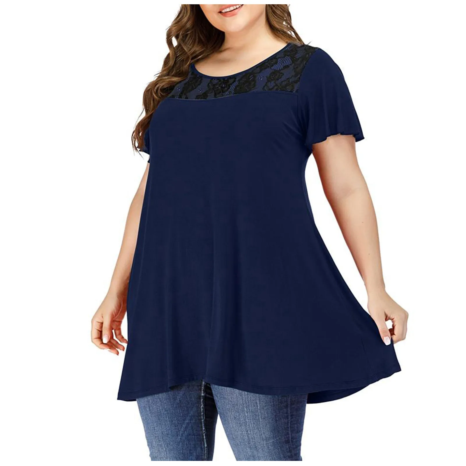 Полных женщин плюс-размер футболки сетки шить однотонные Цвет блузка с коротким