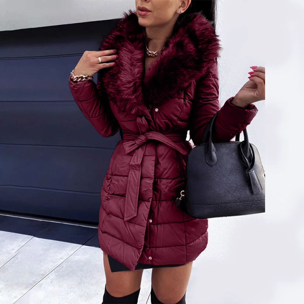Women's Winter Plus Size Jacket Fashion Bowknot Belt Faux Fox Fur Collar Solid Color Jacket Warm Thick Slim Long ParkaS-5XL
