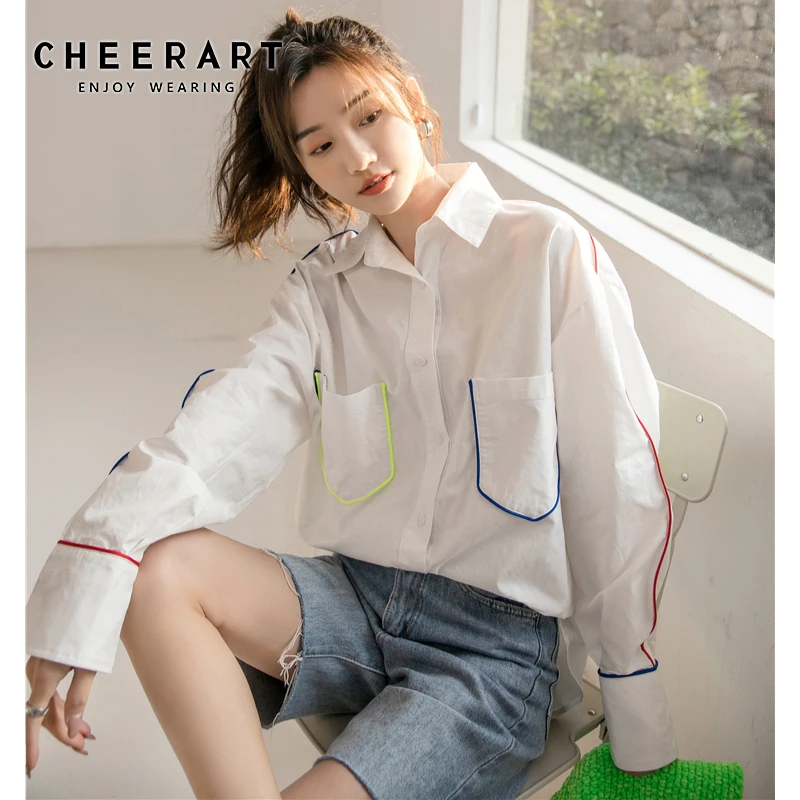 

CHEERART Designer Oversized Button Up Shirt Long Sleeve White Iridescent Strip Collared Loose Shirt Women Tops And Blouses 2021