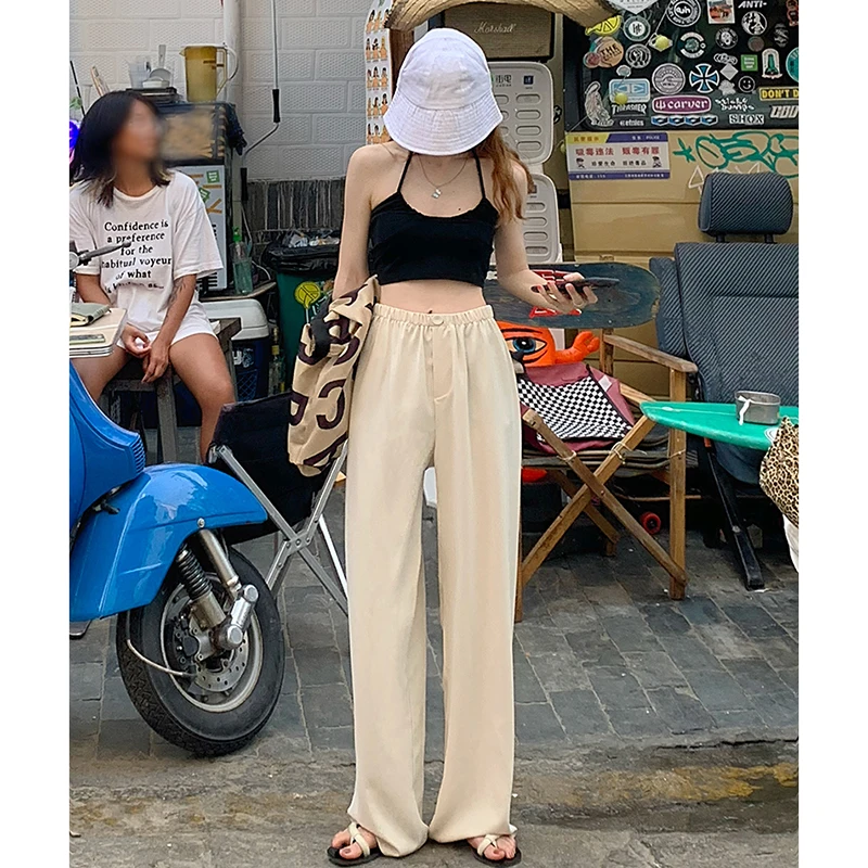 

women pants high elastic waist wide leg long straight leg pants 6712#