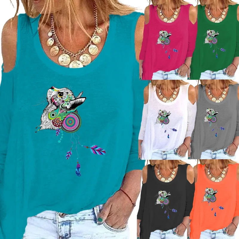 

Autumn and Winter Solid Color Fashion Women Printing Round Neck Pullover Sexy Off Shoulder Long Sleeve Loose Casual Shirt