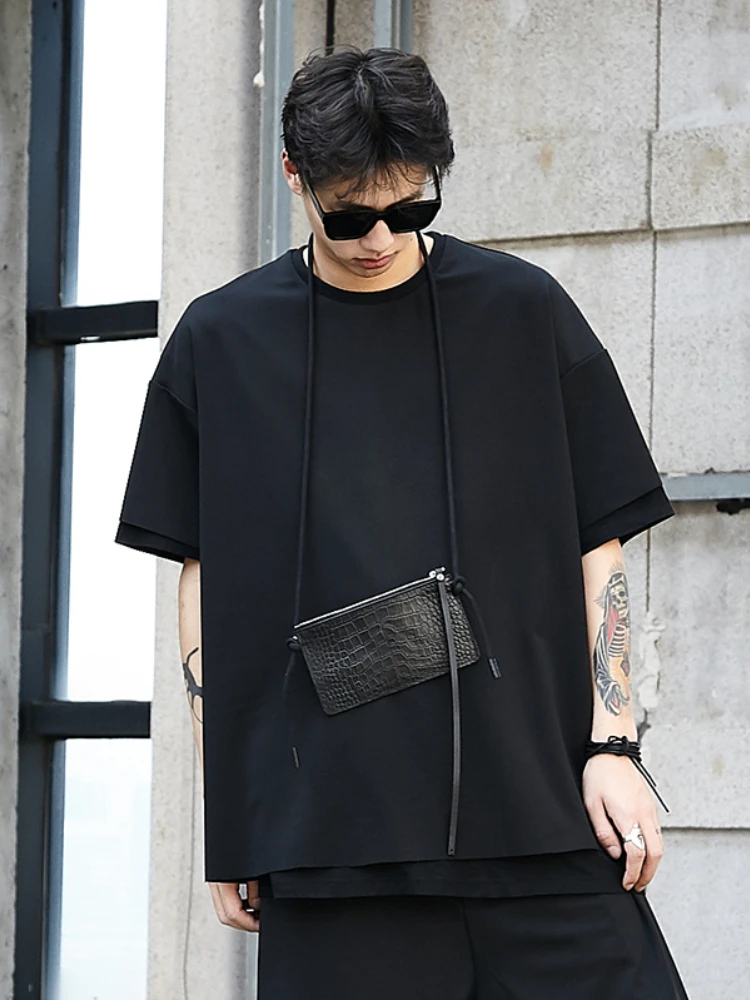 

Men Short Sleeve Double Layer Design Oversize Loose Casual Black T Shirt Male Streetwear Hip Hop Punk Gothic Tshirt Tees Shirts