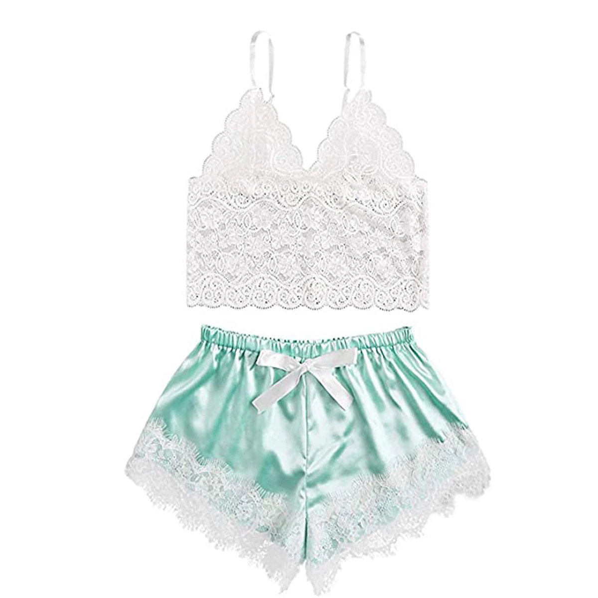 

Summer Pyjamas Women Bow Sleepwear Sleeveless Strap Nightwear Lace Trim Cami Top Pajama Sets Sexy Lingerie Set