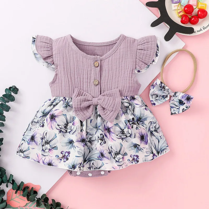

Summer Newborn Infant Baby Girl Casual Romper Set Infant Girl Cotton Linen Flare Sleeve Floral Print Bodysuit Dress+Headband