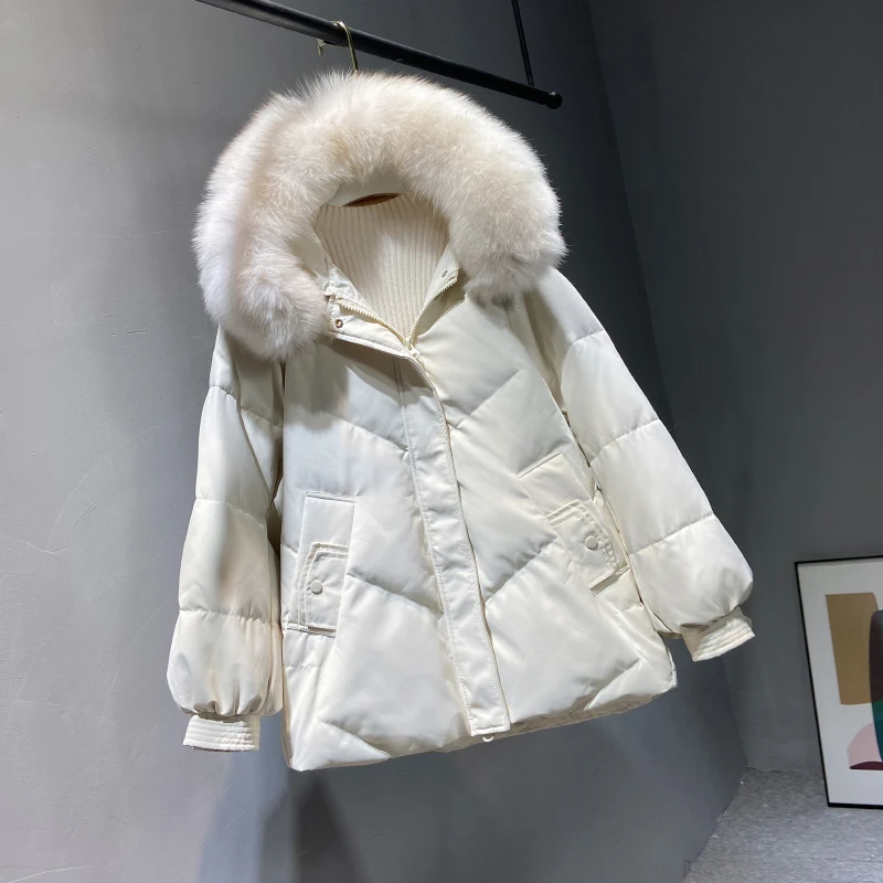 

FTLZZ зимнее женское короткое пальто с большим воротником из натурального меха теплая куртка с капюшоном с перьями теплая пуховая Толстая Пар...