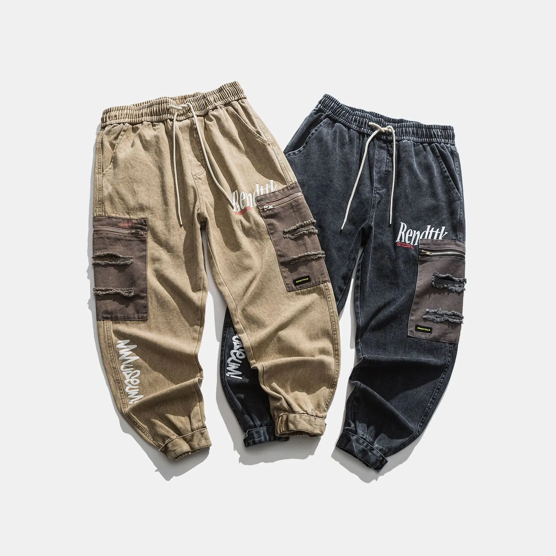 

Vintage Cargo Jogger Pants Men Streetwear Harajuku Destroyed Ripped Hole Jogger Trousers 2020 Hip Hop Elastic Waist Pant WY303