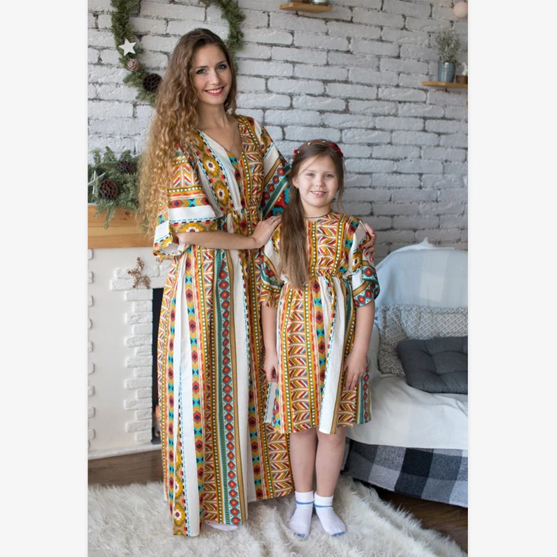 Платья для мамы и дочки весенне летнее платье всей семьи с принтом v образным