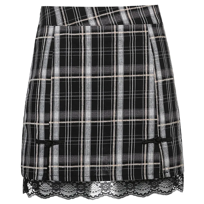 

2021 Pastel Goth High Waist Plaid Mini Skirts E-girl Aesthetics Bow Lace Trim Aline Black Skirt Y2K Streetwear Vintage Bottom