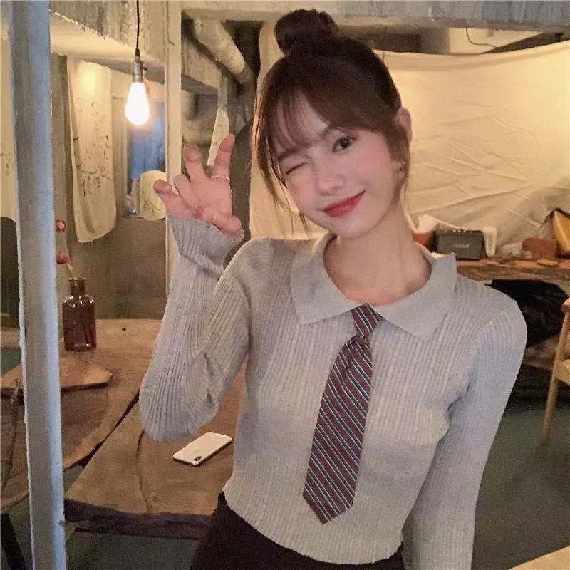 Camiseta de manga larga con cuello de polo retro para mujer, suéter de punto de seda de hielo, top de Camisa ajustada delgada exterior, estilo de Hong Kong, otoño 2021