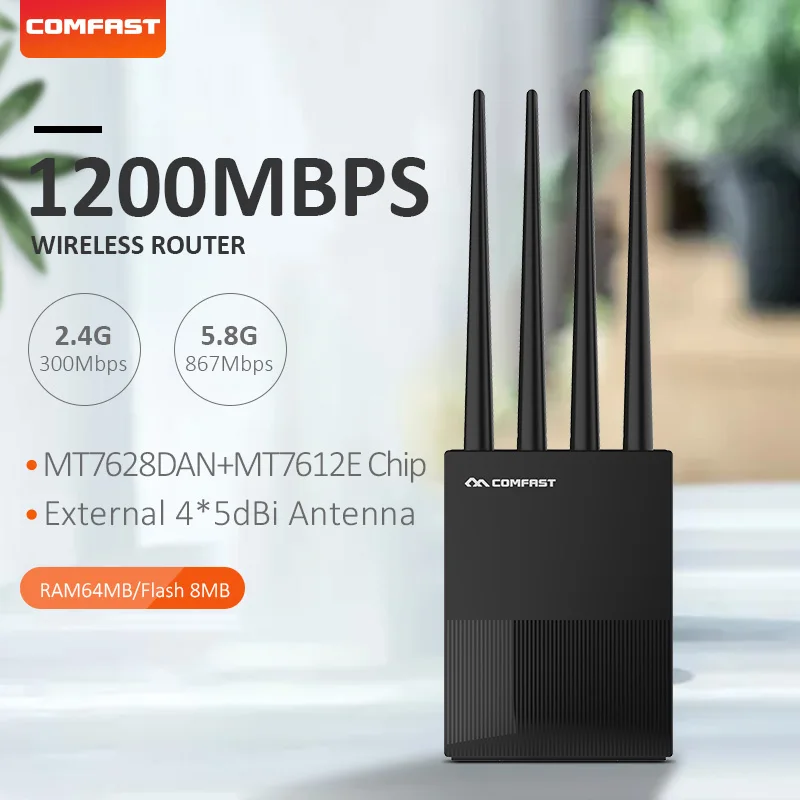 

Comfast 2.4G&5.8G Dual Band Wifi 1200Mbps 4*5dBi High Gain Antennas Wider Coverage Fber Wireless Gigabit Router CF-WR617AC