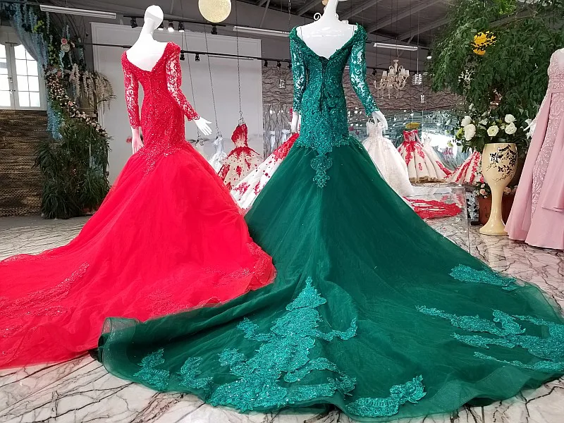 BGW HT3272 Green Mermaid Evening Dress With Handmade Beadings Long Sleeve V-neck Shiny Dress For Party With Train As Photos 2020