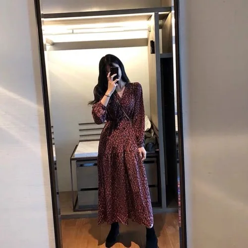 Корейское длинное женское платье с длинным рукавом и v образным вырезом