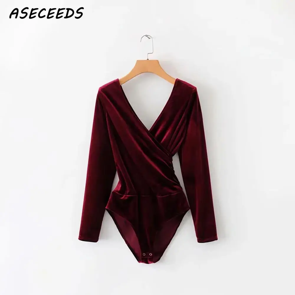 Женский бархатный комбинезон с v образным вырезом длинным рукавом и открытой