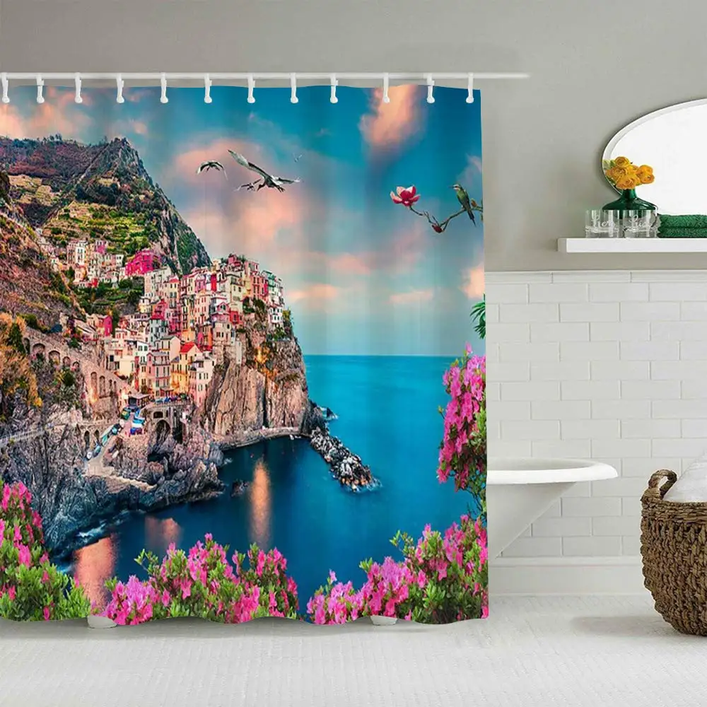 

Polyester Fabric Shower Curtain Italy City Waterfall Sea and Water Bird Flower Wallpaper with 12 Plastic Hooks Decorative Bath