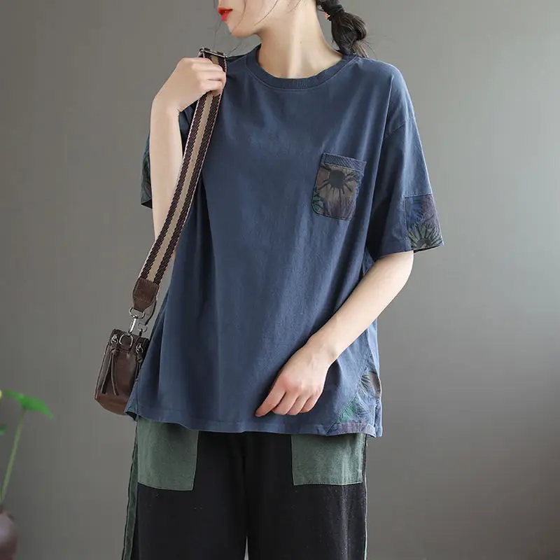 

Cotton short-sleeved T-shirts for women's summer 2021 new artistic retro round collar loose large print T-shirt top