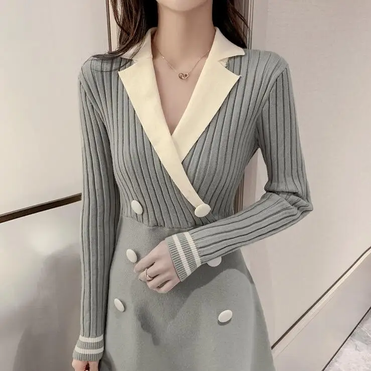 

2019 Autumn Winter Women Knitted Sweaters Lady V-neck Patchwork Long Sleeve Elegant A-line Slim Dress