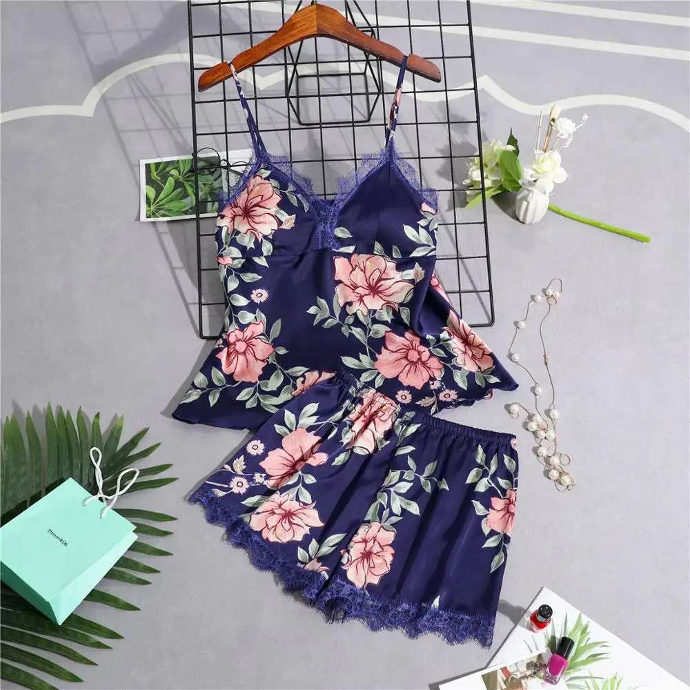 navy blue G Осенние женские пижамные комплекты, удобные атласные пижамы для сна, кружевная Шелковая пижама, 5 шт., камзол+ халат+ штаны, Пижама для женщин, домашний костюм - Цвет: navy blue G