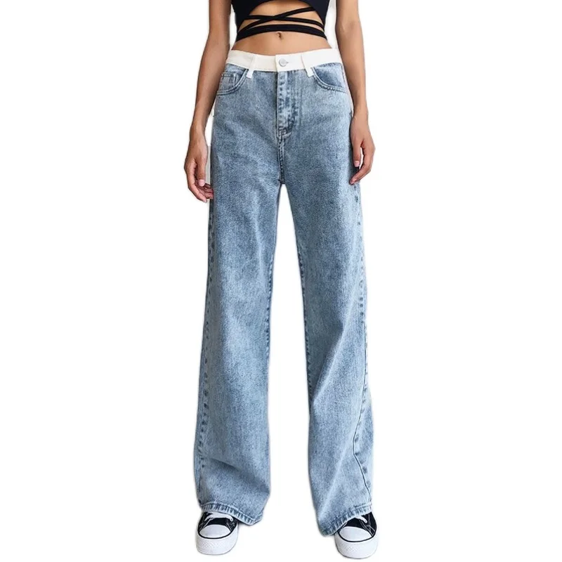 

TVVOVVIN 2020 Autumn New Mid-waist Stitching Loose Wide-leg Mop Trousers For Women Jeans Denim L8V6