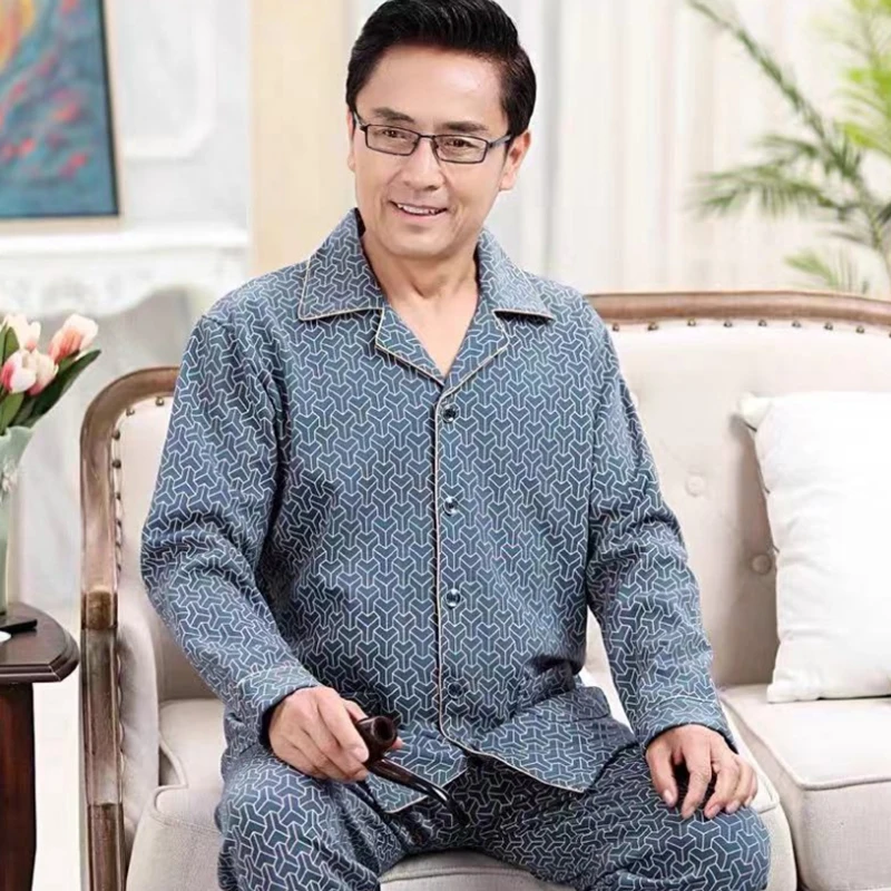 Пижама Мужская с длинным рукавом пижама из чистого хлопка комплект для сна