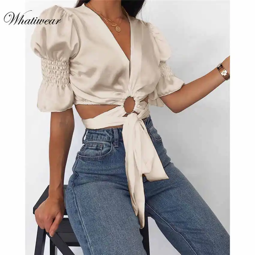 Whatiwear Boho Сексуальный летний укороченный топ, женские топы, глубокий v-образный вырез, открытая пляжная рубашка на шнуровке, blusa feminina - Цвет: Skin