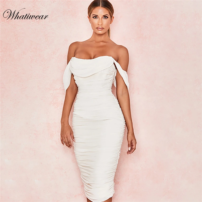 Whatiwear 2019 женское сексуальное облегающее платье с открытыми плечами без бретелек