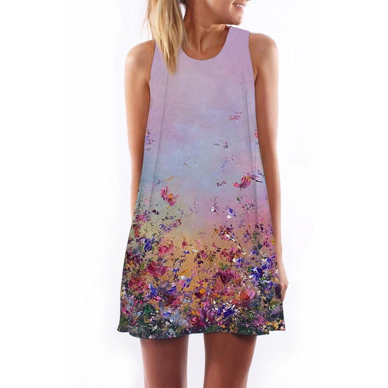 

2021 Lady Summer Elegant Cartoon Pattern Printing Clothes Female Street Casual Round Neck Sleeveless Dresses