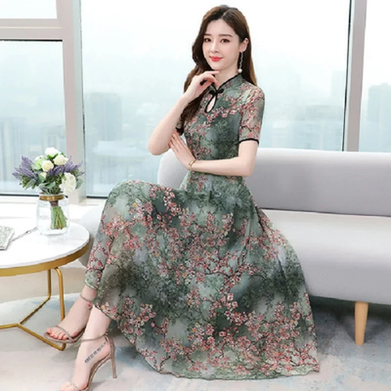 

Fashion Women Floral Print Dress Vintage Short Sleeve Casual Dress Women Cheongsam Party Dress Dresses Women Woman Dress
