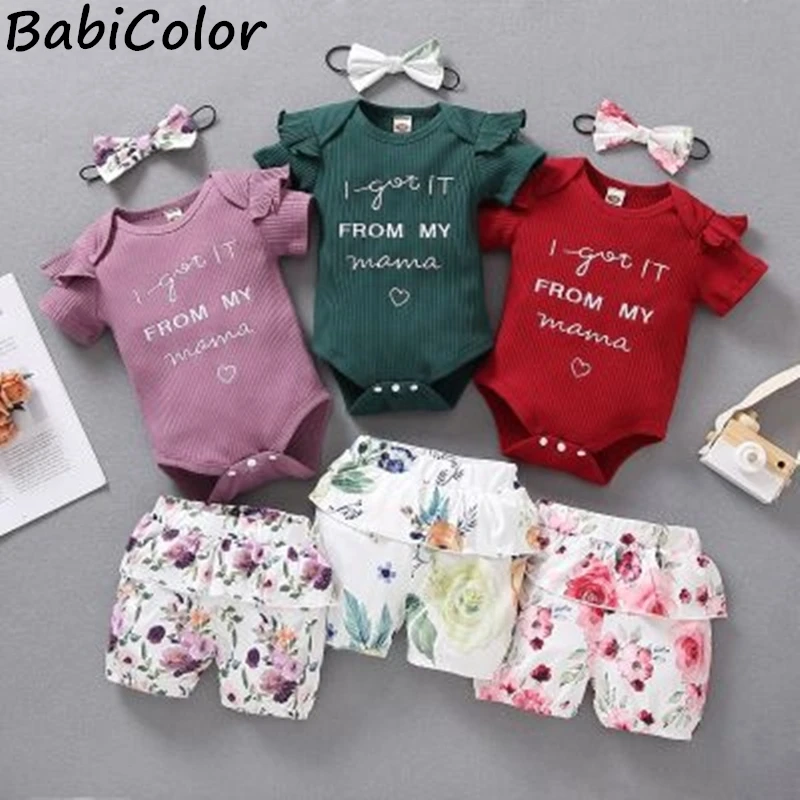 

BabiColor Girls Clothing Sets 2021 Summer Cotton Ruffled Romper +l Print Shorts Headband 3-piece Short Sleeve Children Sets
