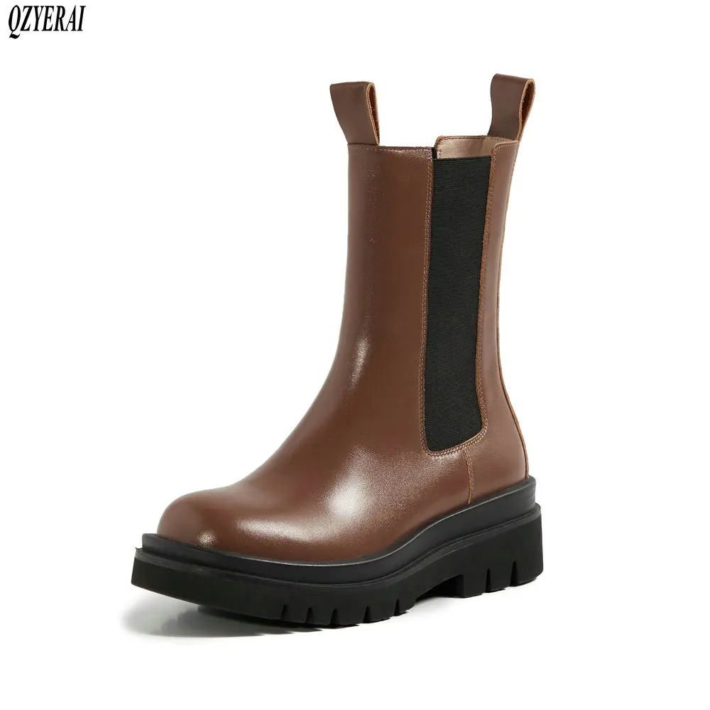 Китайские женские ботинки Челси из натуральной кожи на толстой подошве черного и