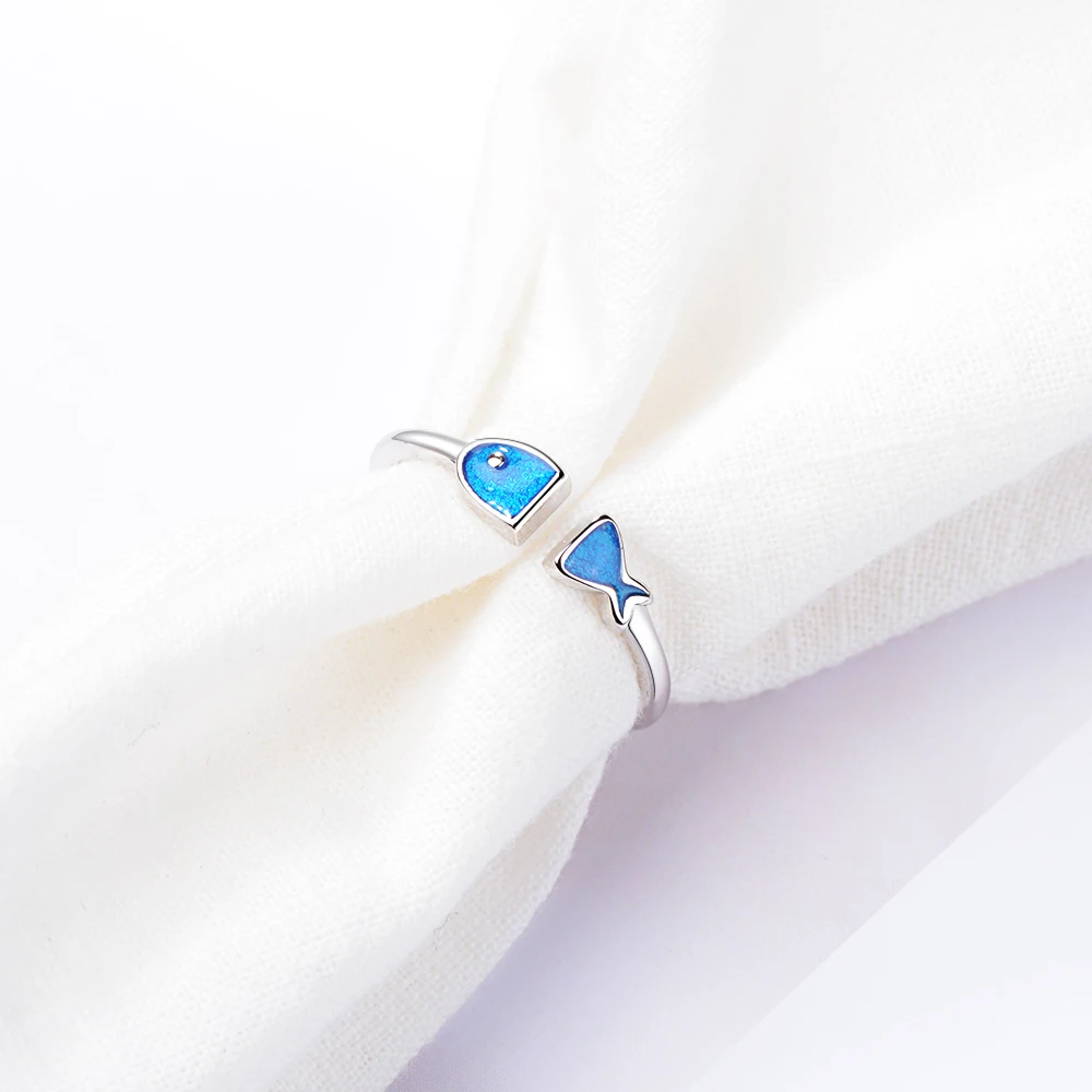 

925 Sterling Silver New Woman Fashion Jewelry High Quality Crystal Blue Fish Ring Adjustable Size Open Ring