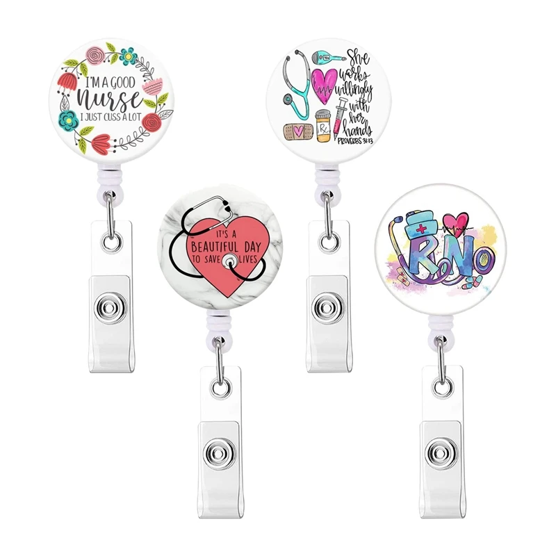 

4Pcs Retractable Badge Reel Clip, Badge Holder with Alligator Clip, Cute Badge Clip on ID Name Card Holders for Nurse