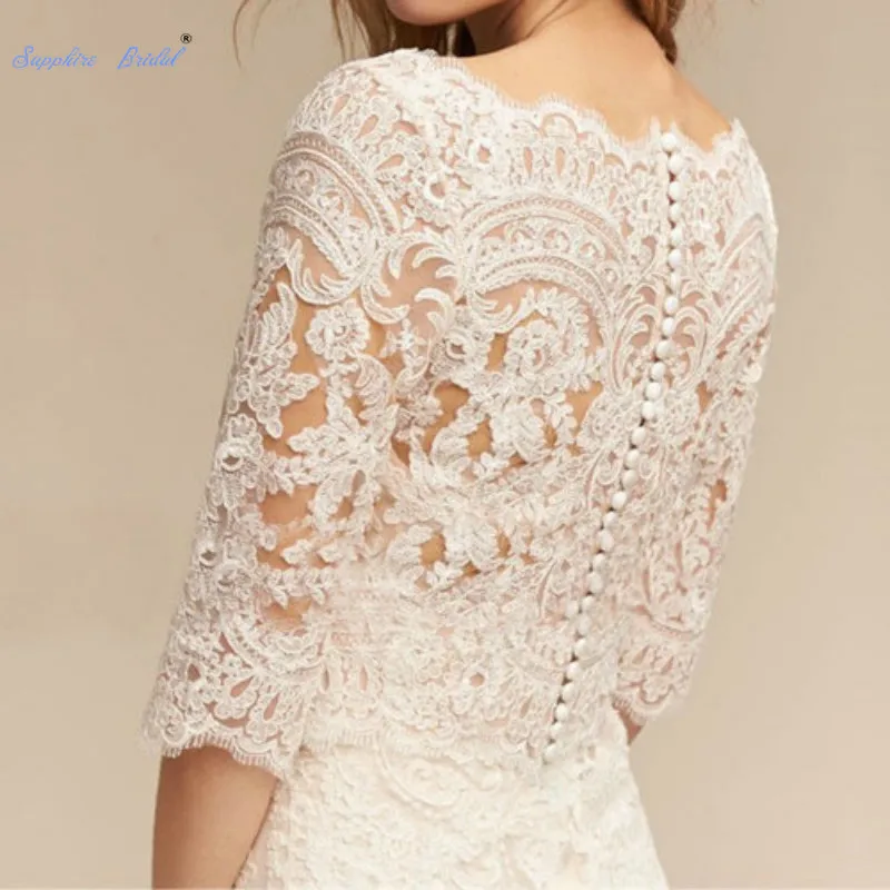 Свадебное болеро белого цвета и слоновой кости с рукавом 3/4 кружевной