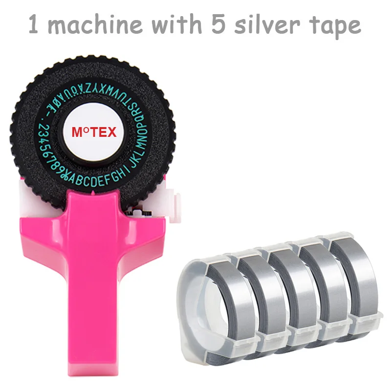 Розовый цвет MoTex E101 принтер мини DIY Ручная Совместимость для dymo 3D тиснение ручная лента ручная машинка надпись машина - Цвет: machine add 5 silver