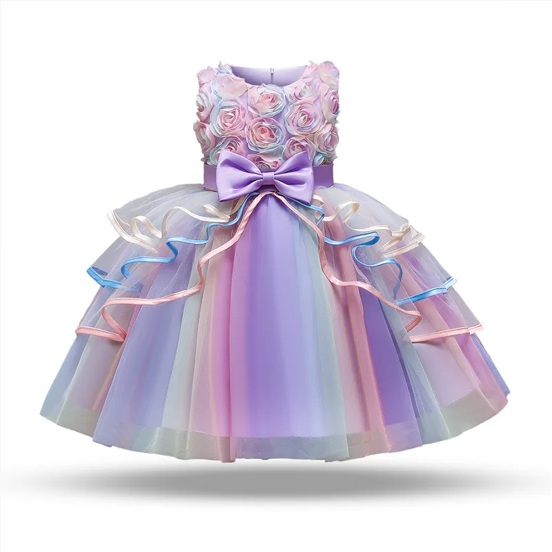 

Summer Girls Elegant Princess Dresses Sleeveless Flower Tulle Bow Ball Gown Clothes 4-10 Year Children Wedding Party Formal Wear
