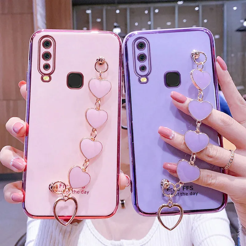 

Wrist Bracelet Phone Case For Vivo Y12 Case Luxury Love Heart Chain Plating Cover Capa Vivo Y17 Y15 Y11 2019 Silicone Shockproof