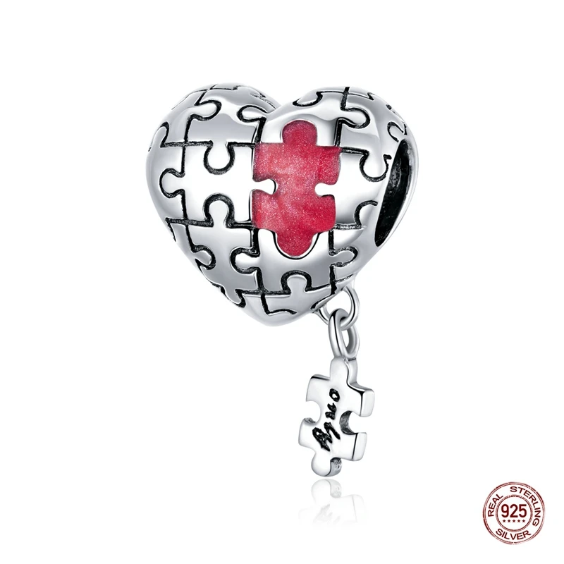 

Подвеска-пазл в виде сердца, серебряные красные Эмалевые бусины для творчества, оригинальный браслет для осмотра аутизма, подарок на день р...
