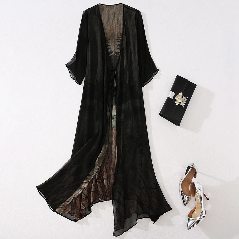 

High Quality 100% Silk Dress Women Retro Long Silk Cardigan Half Sleeve Casual Shirt Dress Women New Fashion