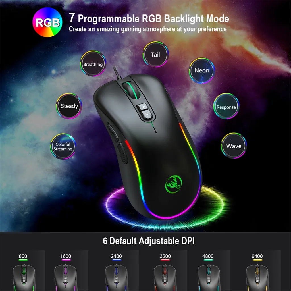 

J300 7-Button 6400DPI RGB Illuminated Programmable Wired Optical Gaming Mouse USB Wired Adjustable DPI Gaming Mouse Mice For PC
