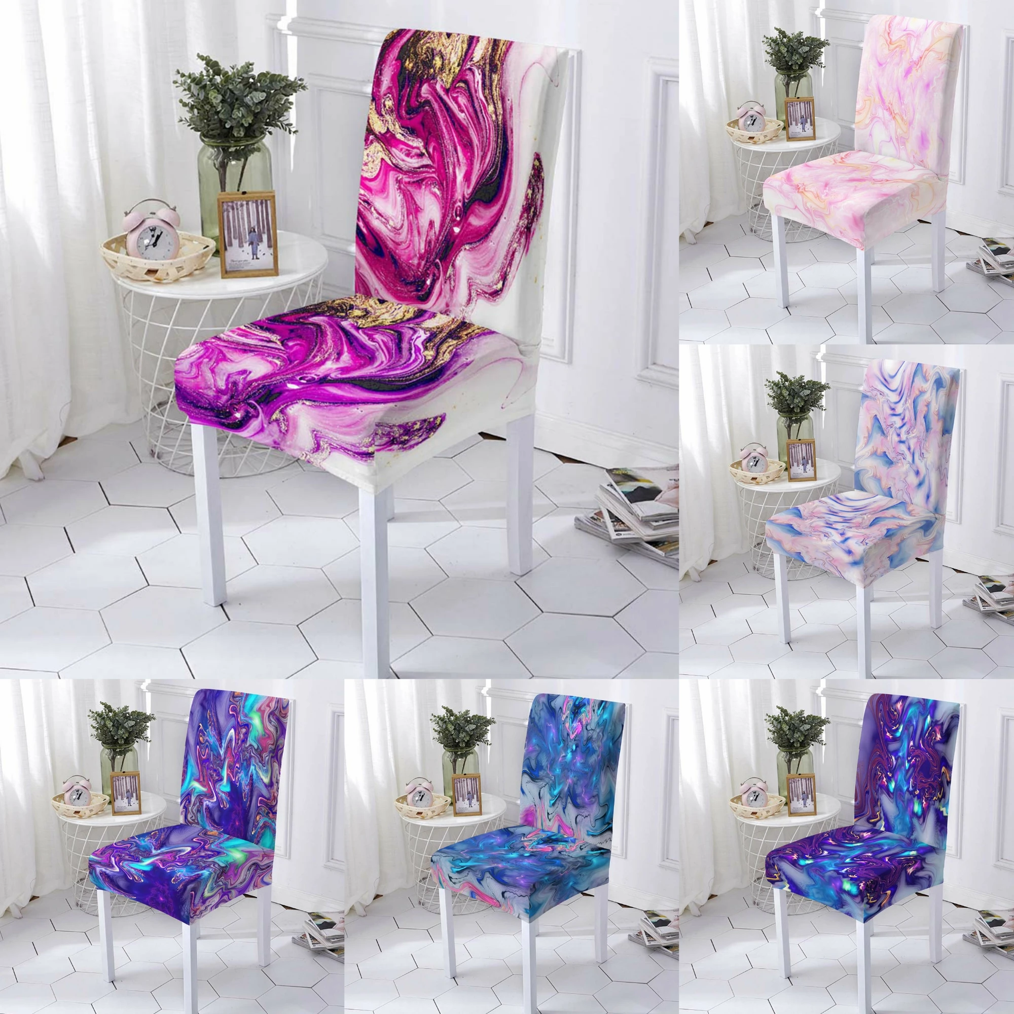 

Purple Ripple Chair Cover Dining Room Chair Slipcover Removable Elastic Anti-Dust Chair Back Cover For Wedding Banquet Cap Sets