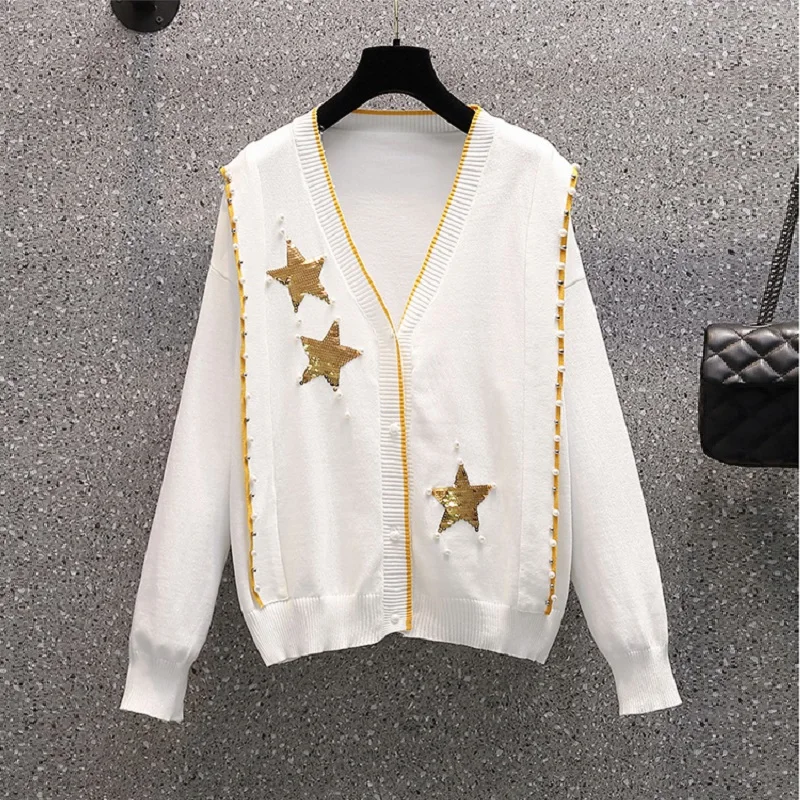 

Patchwork Vintage Coat V-Neck Knitted Jacket Women Star Sequins Pearls Cardigan Sweater Knitted Loose Oversized Jumper Coat